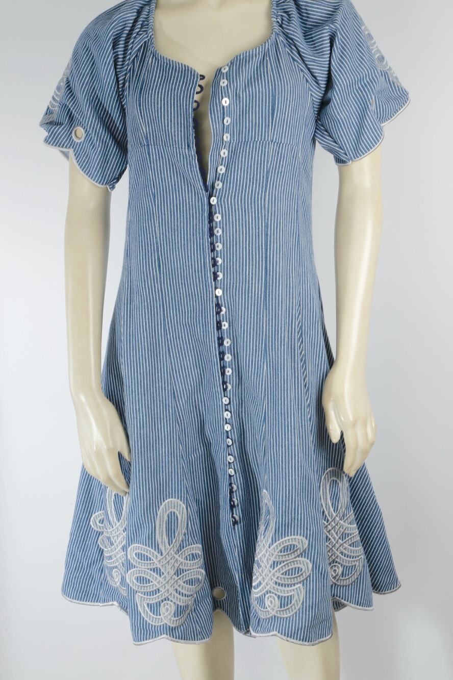 Innika Choo Blue Striped Embroidered Button Front Short Sleeve Dress Size 1 S